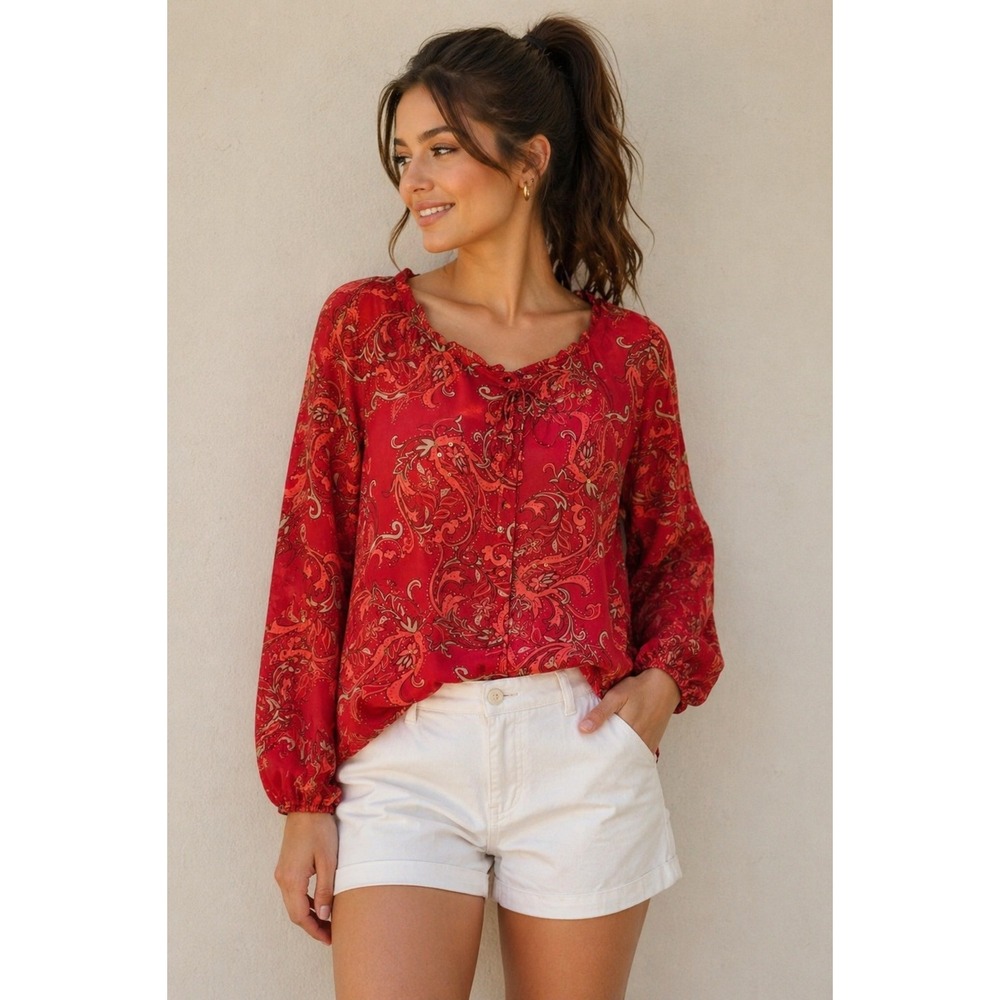 Talbots Silk Cotton Paisley Blouse Size S Vtg Y2K Boho Cottagecore Tomato Girl‎